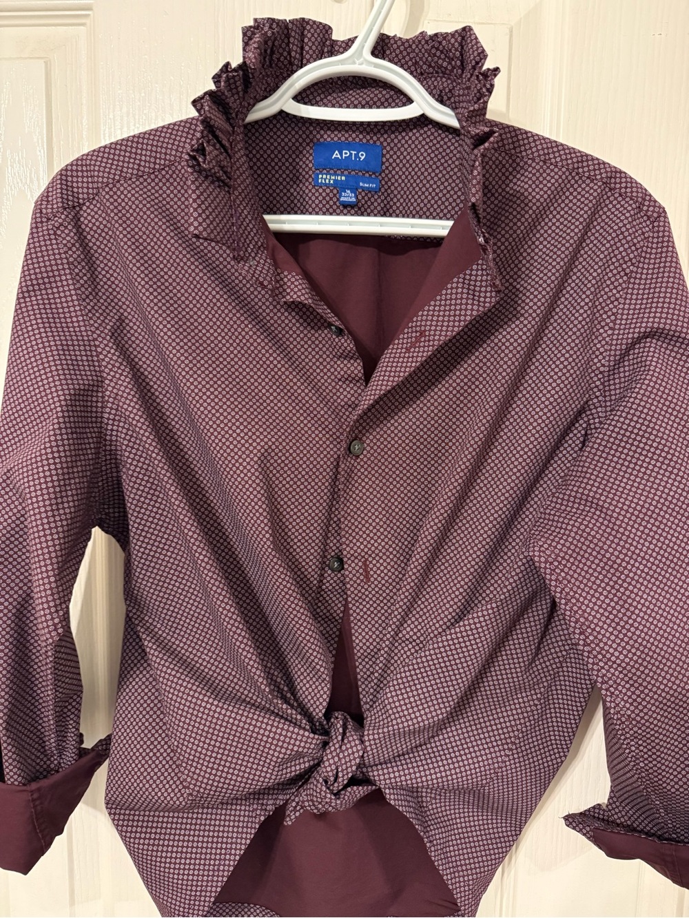 Woman’s ruffle collar Maroon Patterned Button-Up Shirt
